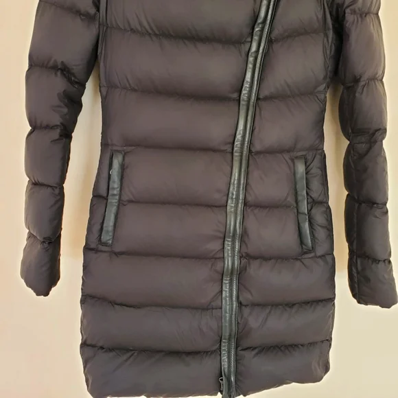 Mackage Yara Lightweight Black Down Puffer Coat, Leather Trim